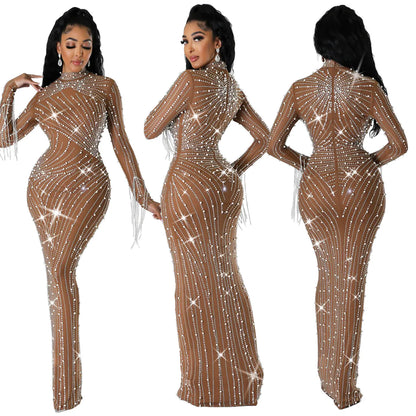 Luxury Women's Mesh Diamonds Long Sleeve Dress Party Formal Bodycon Evening Gown See Through Vestidos Clothing