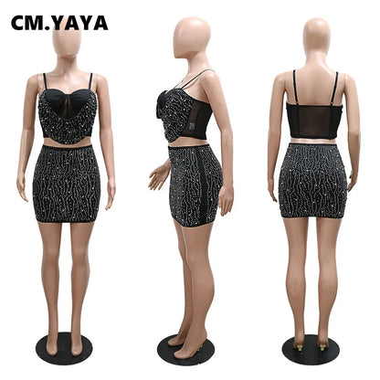 CM.YAYA Women Diamonds Hot Rhinstones Midi Mini Skirt Suit and Strap Plle Neck Crop Top 2023 Sexy Two 2 Piece Dress Sets Outfits