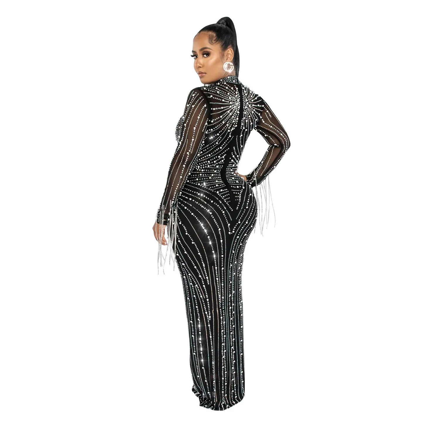 Luxury Women's Mesh Diamonds Long Sleeve Dress Party Formal Bodycon Evening Gown See Through Vestidos Clothing