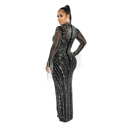 Luxury Women's Mesh Diamonds Long Sleeve Dress Party Formal Bodycon Evening Gown See Through Vestidos Clothing