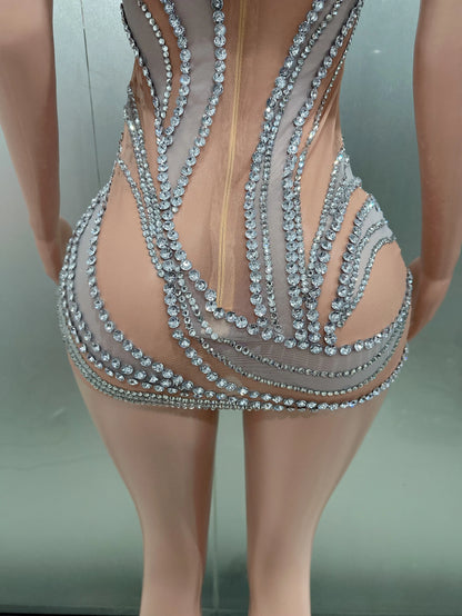 Women Sexy Shinning Crystal Mesh See Through Bodycon Mini Dress Fashion Nightclub Party Performance Costume Stage Wear Wholesale