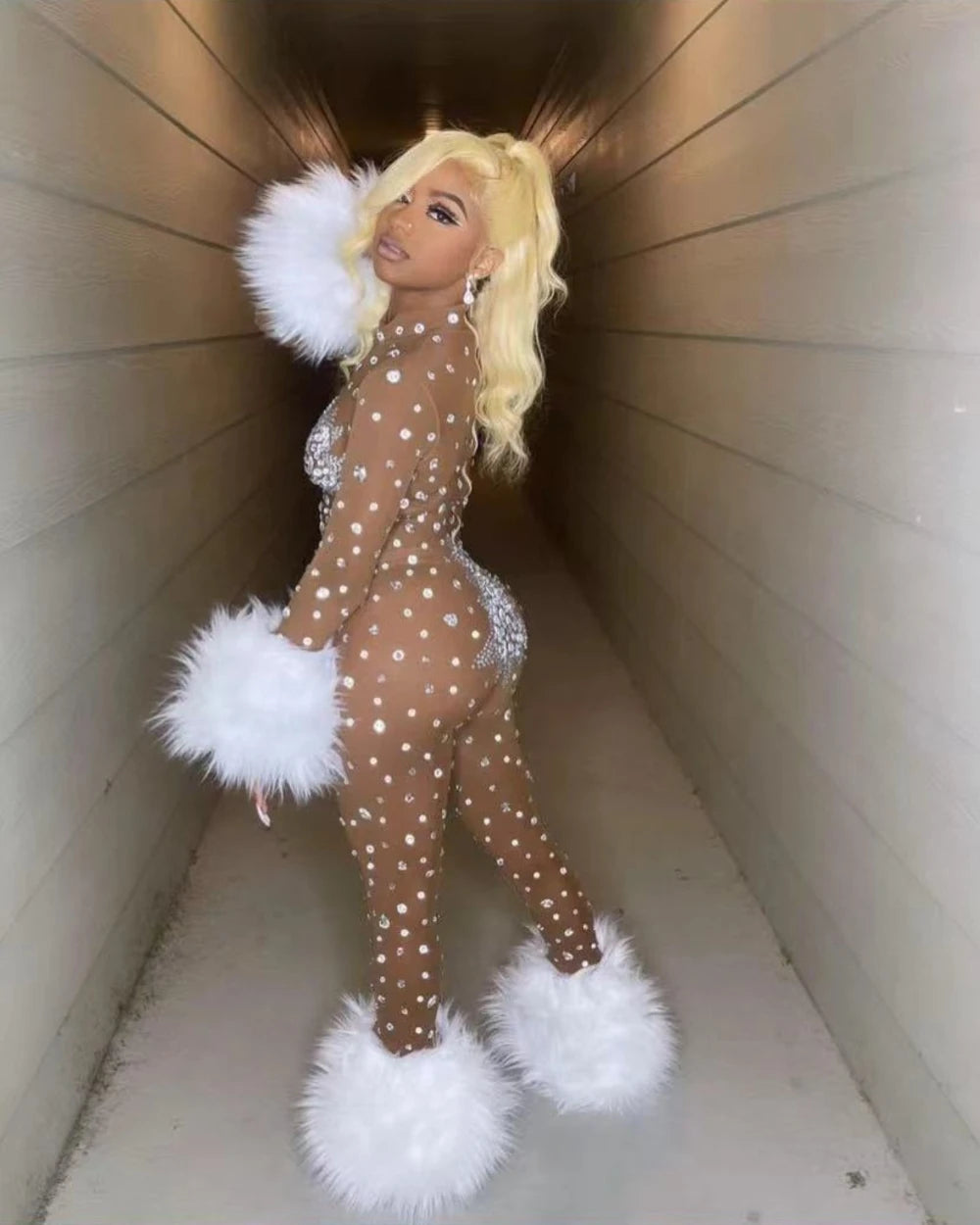 Luxury Rhinestone Feather Stretch Jumpsuit Nightclub Performance Dancer Stage Costume Sexy Mesh Long Sleeve Women's Outfit