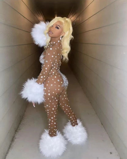 Luxury Rhinestone Feather Stretch Jumpsuit Nightclub Performance Dancer Stage Costume Sexy Mesh Long Sleeve Women's Outfit
