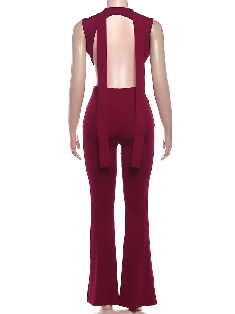 Kliou Sexy Fashion Jumpsuits Woman Deep V-Neck Sleeveless Metal Buckle Ruched Cross Bandage Midnight Prom Party Elegant Overalls