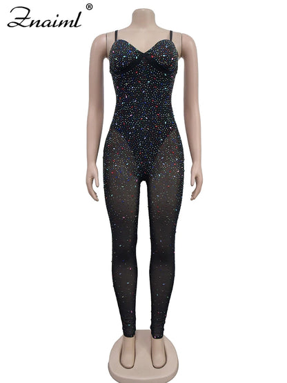 Znaiml Luxury Birthday Night Club Party One Piece Rompers and Jumpsuits for Women Sexy Mesh Sheer Colourful Diamonds Overalls