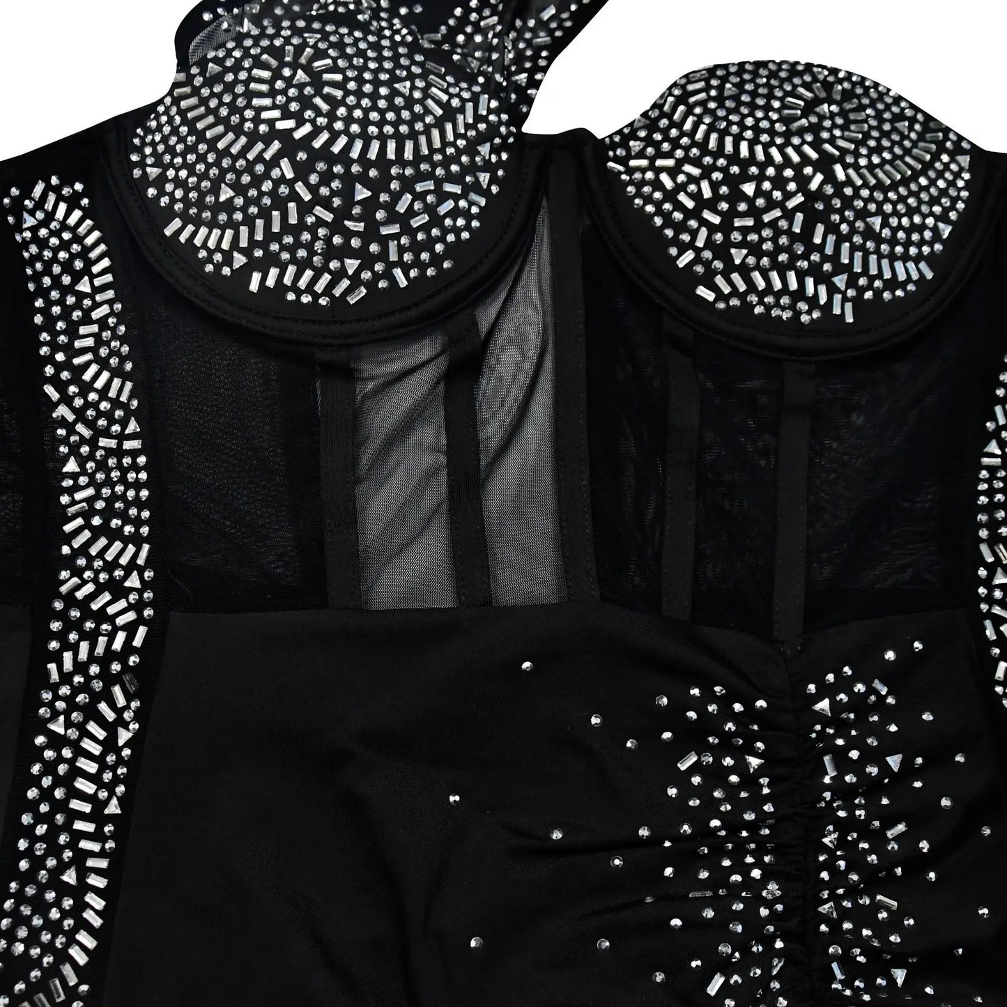 One-Shoulder Mesh Rhinestone Short Prom Dress See Through Night Club Outfits Evening Gowns Party Sexy Bodycon Mini Dresses