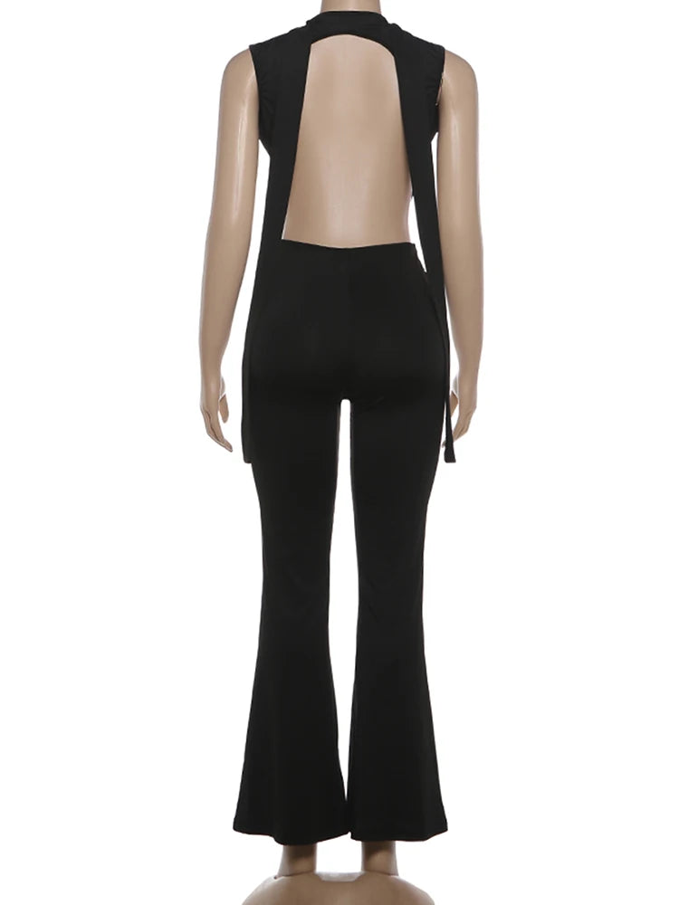 Kliou Sexy Fashion Jumpsuits Woman Deep V-Neck Sleeveless Metal Buckle Ruched Cross Bandage Midnight Prom Party Elegant Overalls